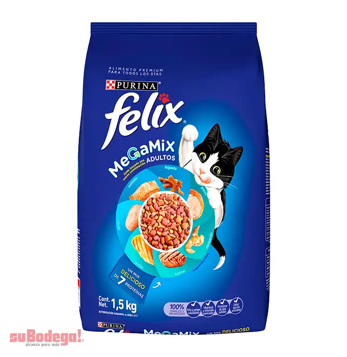 Felix Megamix Alimento Seco gatos adultos todas razas 7 proteínas, bulto 1.5 Kg
