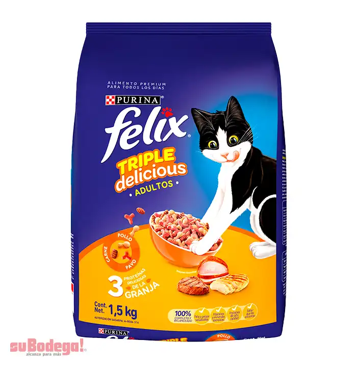 Felix Triple Delicious Granja Alimento gatos adultos pollo, pavo y carne, bulto 1.5 Kg