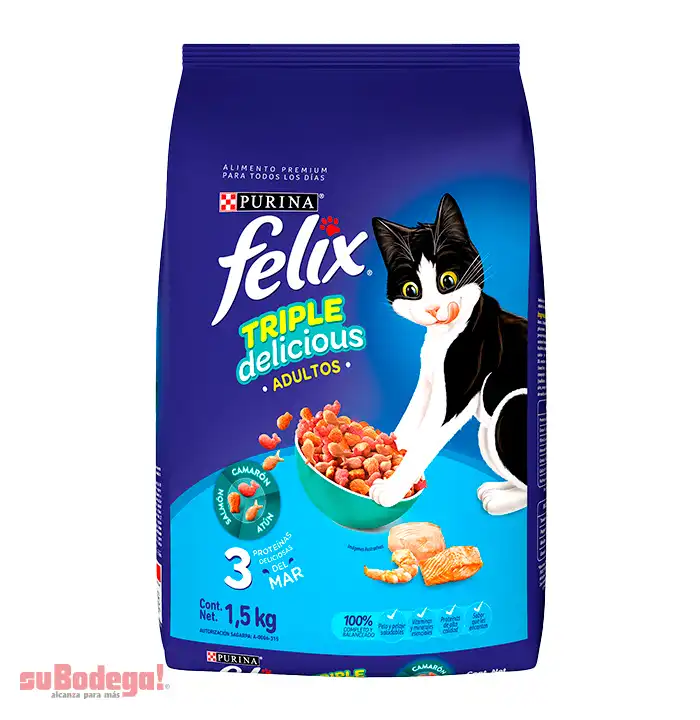Felix Triple Delicious Mar Alimento Seco gatos adultos camarón, salmón, atún, bulto 1.5 Kg
