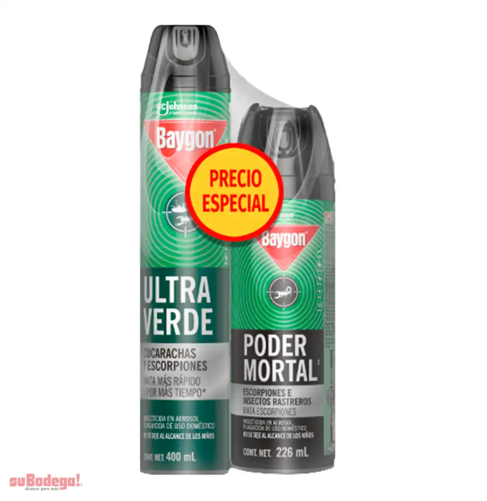 Insecticida Baygon Ultra Verde Aerosol 400 ML.+ Poder Mortal 226 ml.